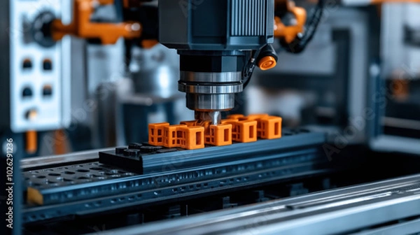 Fototapeta Close-up of a 3D printer in action creating small orange plastic objects on a black platform in an industrial setting.