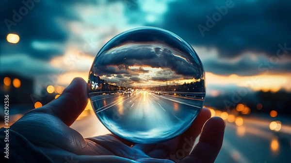 Fototapeta A hand holds a crystal ball reflecting a highway at sunset, the light streaks creating a sense of movement and a feeling of looking into the future.