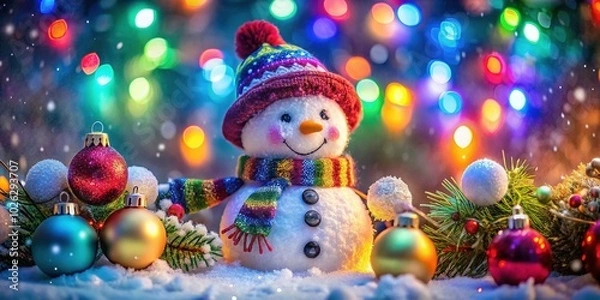 Fototapeta Closeup Double Exposure of a Snowman with Christmas Decorations for Holiday Cheer