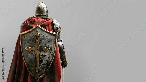 Fototapeta A medieval knight in full armor stands with his back to the camera, holding a shield with a golden cross.