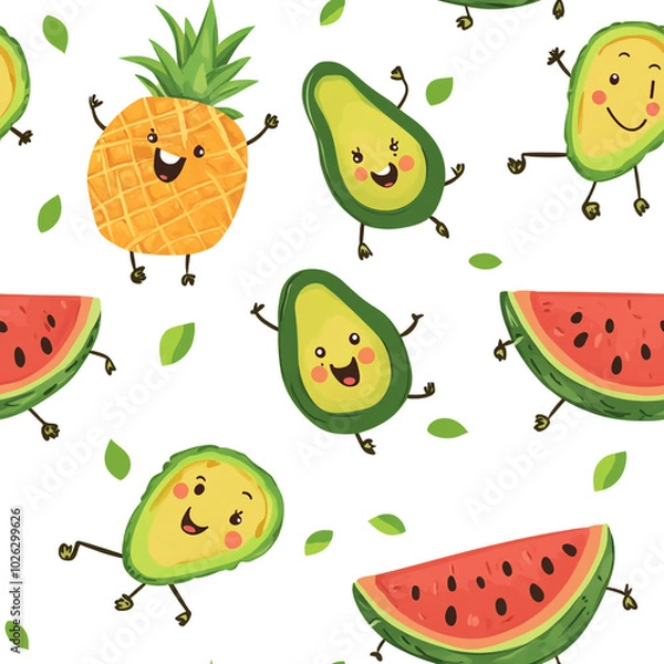 Fototapeta A cute cartoon pattern of watermelons, pineapples, and bananas with smiling faces, set against a white background. 