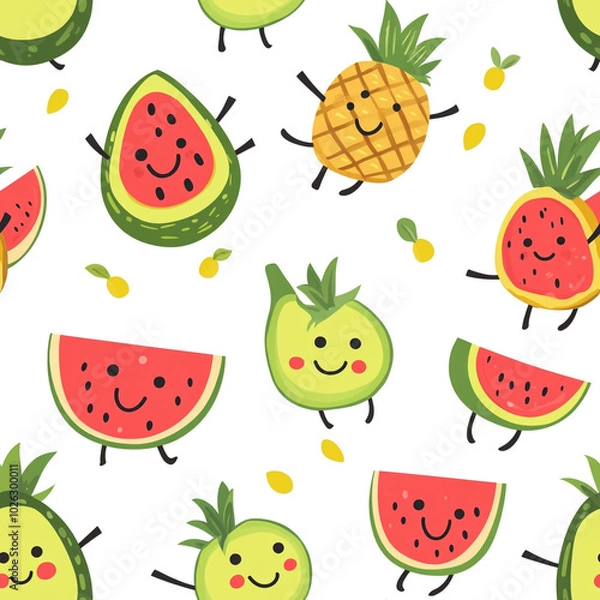 Fototapeta A cute cartoon pattern of watermelons, pineapples, and bananas with smiling faces, set against a white background. 