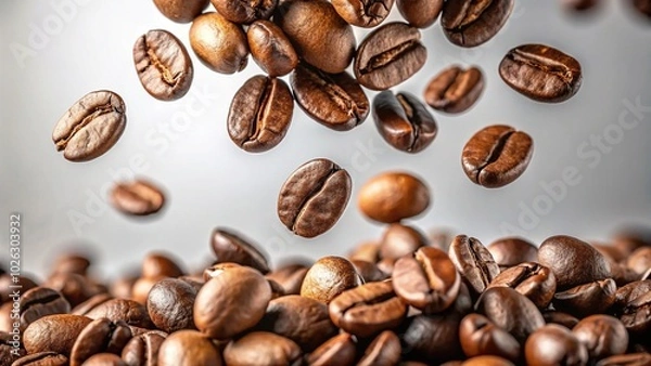 Fototapeta Floating Coffee Beans - Minimalist Fresh Roasted Beans in Air on White Background