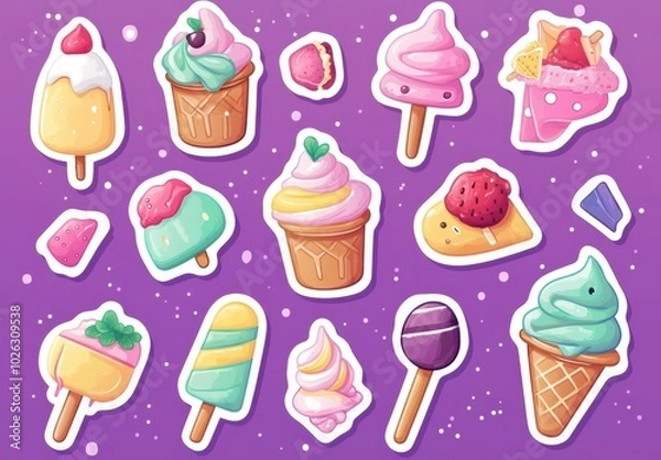 Fototapeta Colorful cartoon ice cream and popsicle sticker set on a purple background