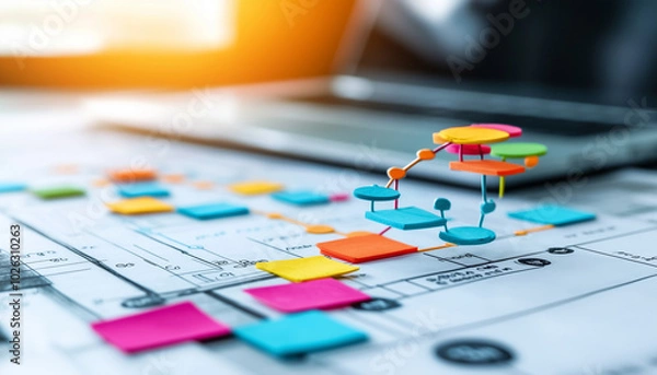 Fototapeta creative workspace featuring colorful sticky notes and sketches, showcasing vibrant planning process. organized layout reflects innovation and collaboration in design