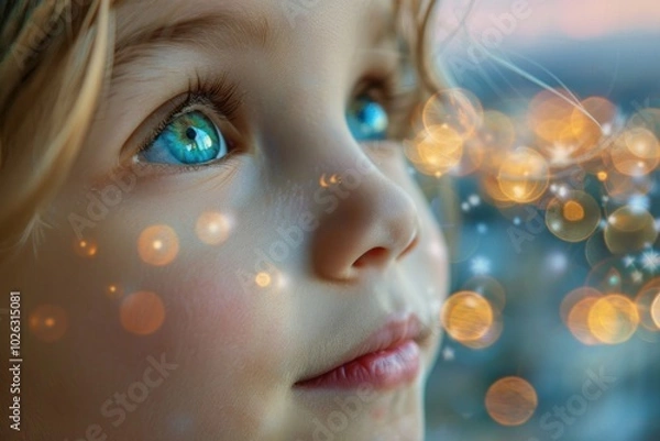 Obraz Child's wonder with blue eyes and sparkling bokeh lights
