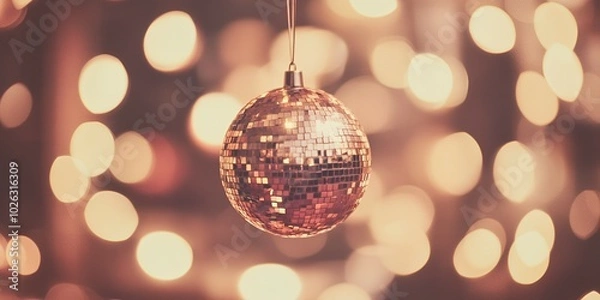 Fototapeta A disco ball ornament hangs against a background of twinkling lights.