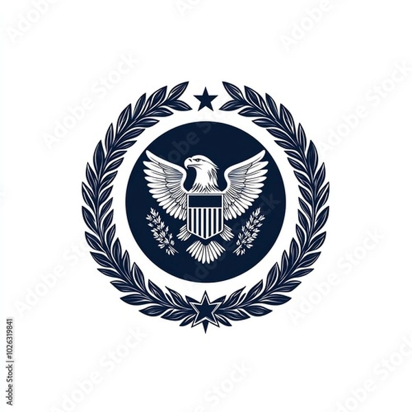 Fototapeta A circular emblem featuring an eagle with outstretched wings, surrounded by laurel leaves and a star, symbolizing authority and national pride.