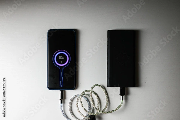 Obraz smartphone charging from a powerbank with LEDs on a white background