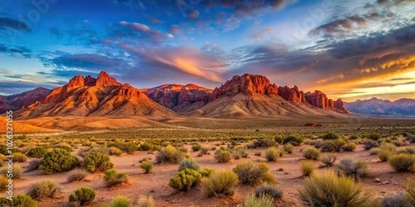 Obraz Panoramic desert landscape at dusk in Nevada with red rock canyon