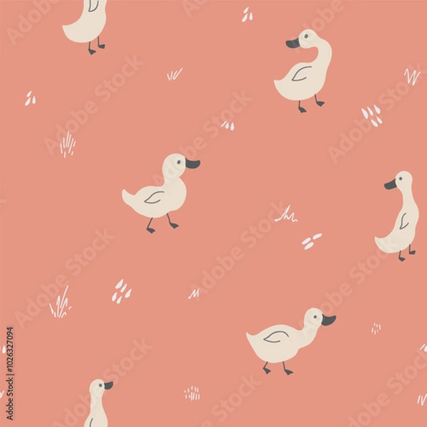 Obraz Cute Cartoon Duck Seamless Pattern, Vector Illustration Background