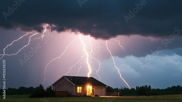 Fototapeta A striking image of a house illuminated by warm light under ominous storm clouds, showcasing dramatic lightning in the darkening sky.