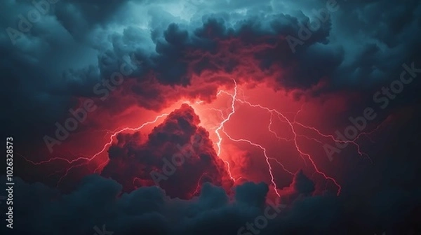 Fototapeta A dramatic lightning storm illuminates dark clouds with a striking red hue, creating an intense and ominous atmosphere.