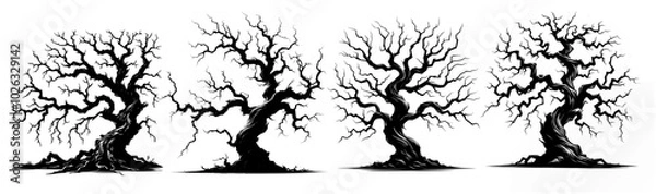 Fototapeta spooky old oak leafless trees on white. silhouette vector eps detailed dead leafless trees reflecting horror, scary, winter, pollution, desert etc concept. design element for web, app, ui, poster,
