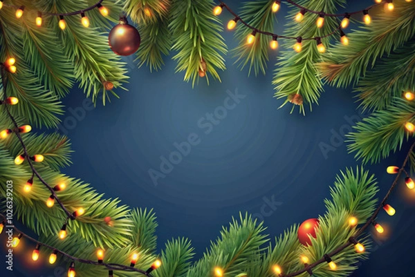 Fototapeta Christmas tree branches with string lights on dark blue background