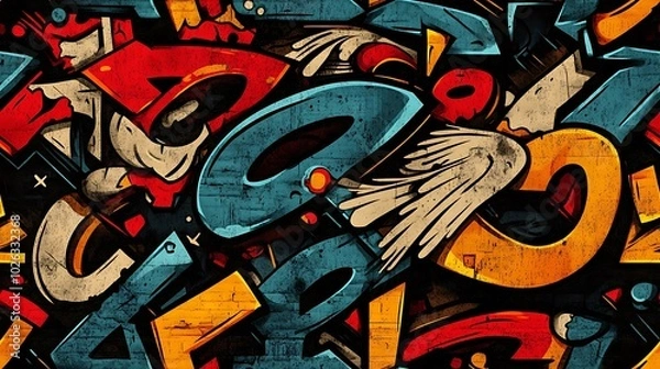 Fototapeta Graffiti pattern featuring angular characters, stylized numbers, and abstract letters, surrounded by bold splashes of neon paint and expressive brushstrokes, set against a rough urban wall,