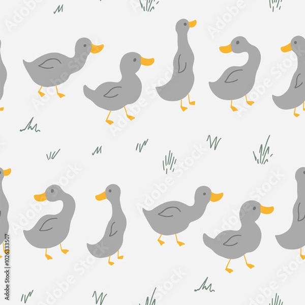 Fototapeta Cute Cartoon Duck Seamless Pattern, Vector Illustration Background