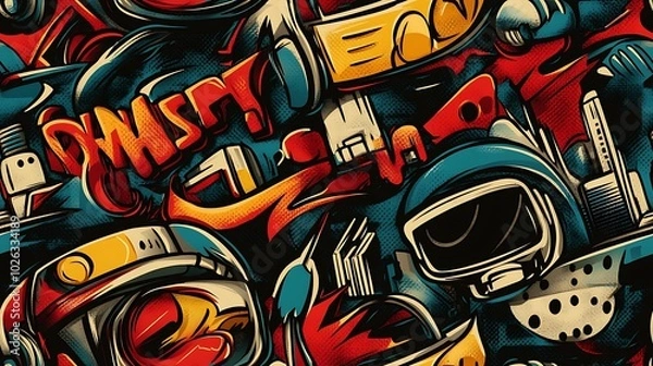 Fototapeta Graffiti pattern featuring neon cityscapes, VR headsets, and digital icons, surrounded by bright splashes of neon paint and abstract shapes, set against a gritty urban wall,