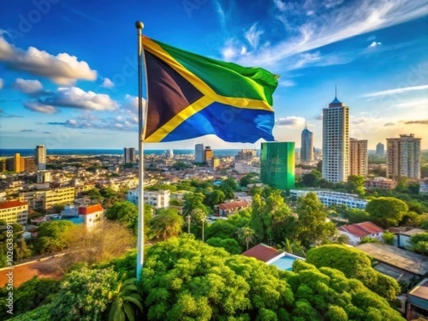 Fototapeta Vibrant Urban Exploration of Tanzania with Waving Flag in a Dynamic Cityscape