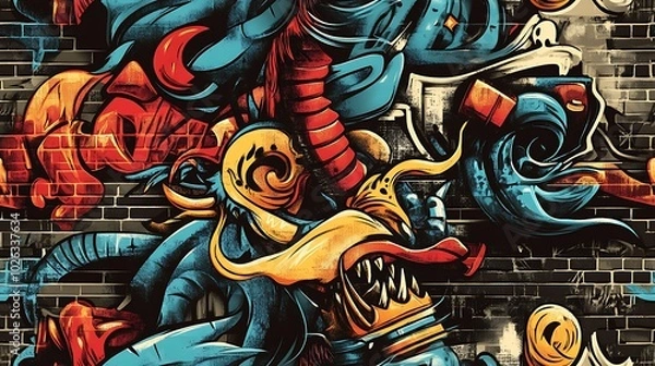 Fototapeta Graffiti pattern with fierce dragons, radiant phoenixes, and mystical symbols, intertwined with bright neon colors and abstract brushstrokes, layered on a textured urban wall,
