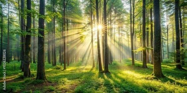 Obraz Quiet forest mourning with sunlight filtering through the trees