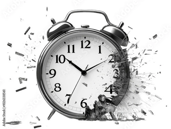 Fototapeta Conceptual image of a classic alarm clock shattering, symbolizing time passing quickly or urgency.