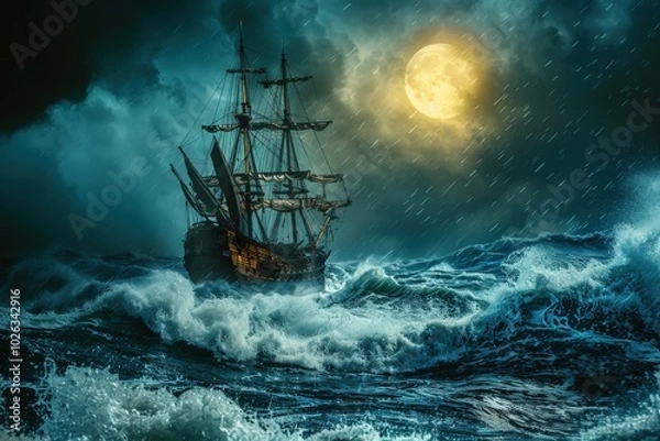 Fototapeta A ship is in the middle of a stormy sea, with waves crashing against it, generative ai image