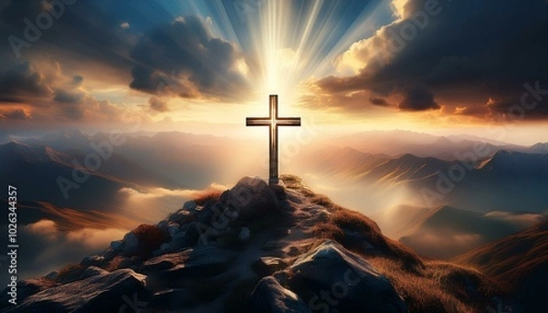 Obraz crucifix at the top of a mountain with sunlight breaking through the clouds inspirational christian image