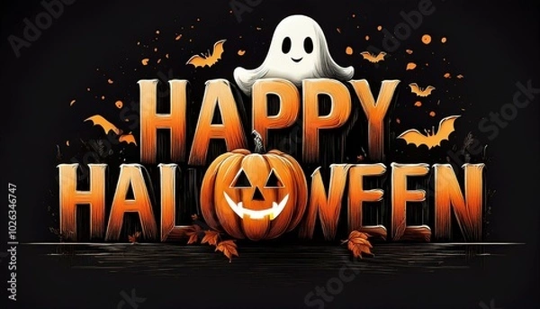 Obraz happy halloween distressed text with pumpkin and ghost over black background