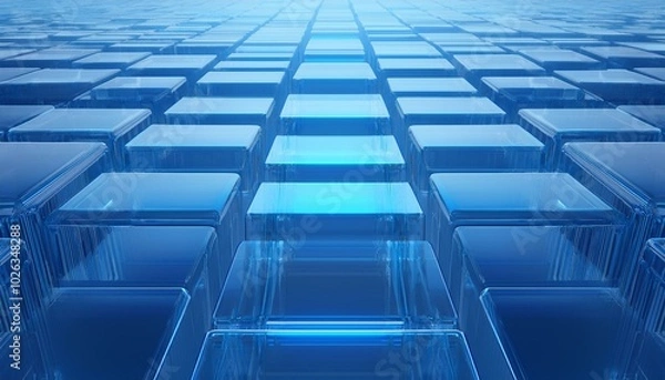 Fototapeta neatly aligned translucent blocks blue contemporary tech background 3d render