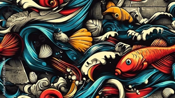 Fototapeta Graffiti-style pattern with abstract fish, swirling waves, and seashells, surrounded by bright neon colors and expressive lines, spray-painted on a rough urban wall,