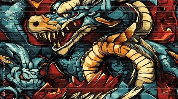 Fototapeta Graffiti-style pattern with fierce dragons, radiant phoenixes, and mystical runes, surrounded by bright neon colors and swirling abstract shapes,