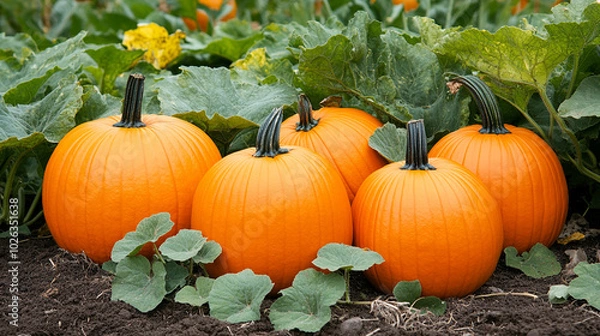 Fototapeta pumpkin patch on a rural farm, showcasing rows of vibrant orange pumpkins. Clear blue sky and open space allow for customizable captions, emphasizing autumn's bounty and harvest joy