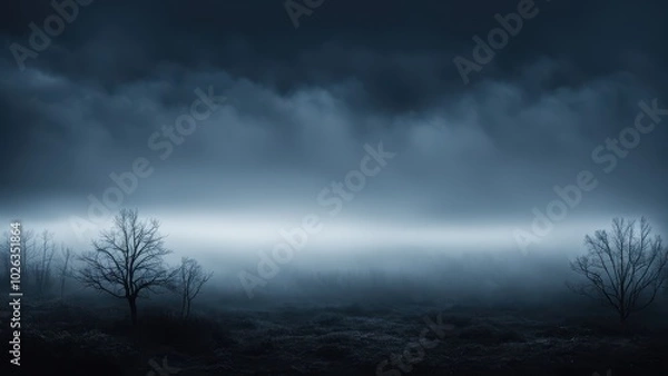 Fototapeta A misty landscape at dusk with silhouetted trees and a dark, moody atmosphere.