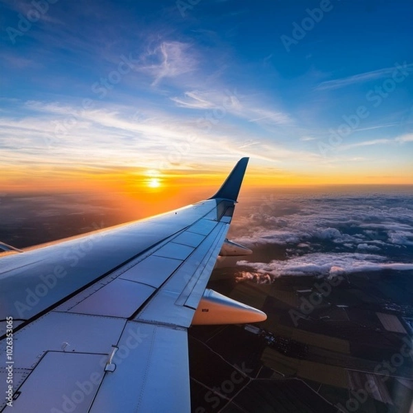 Obraz ultra wide view of engine and wing from inside at sunset