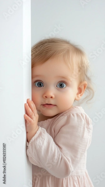 Fototapeta Bimbo piccolo che sbuca da dietro un angolo con una espressione piena di stupore. Dolcezza. Tenerezza. Entrare in punta di piedi.