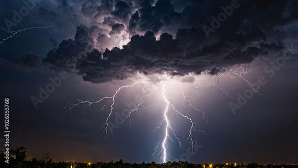 Fototapeta Lightning on a stormy dark cloudy background. Lightning thunderstorm flash over the night sky. Amazing lightning in the middle of a rain cloud. Powerful thunderstorm with dramatic lightning strikes
