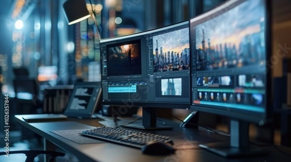 Obraz High Fidelity Editing Setup with Multiple Monitors