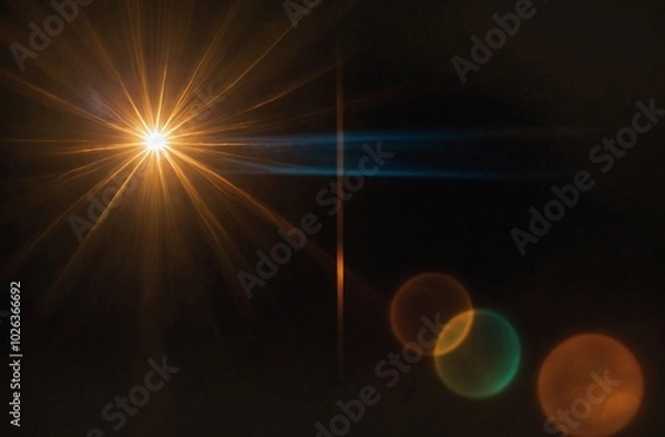 Fototapeta Lens flare and light overlay on black background. orange color. Lens Flare, Sun Flare on black background. Optical Flare effect illustration. lens effects for overlay designs or screen blending mode
