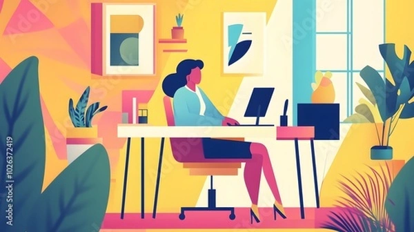 Fototapeta Woman Working at a Desk with Plants in a Colorful Room