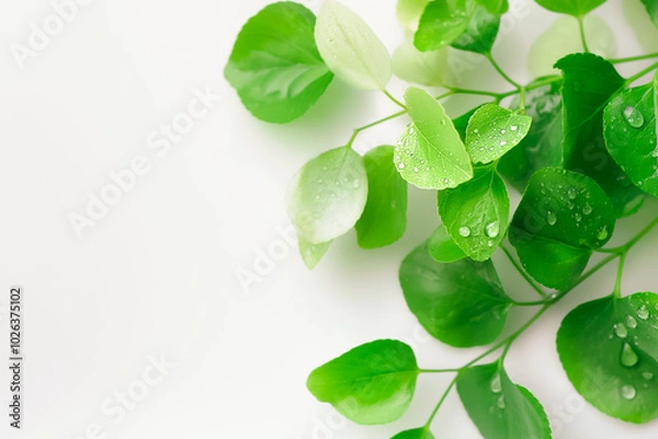 Fototapeta Delicate green leaves adorned with glistening water droplets rest on a pristine white surface, capturing the essence of freshness and tranquility in natures design
