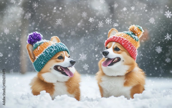 Fototapeta Two Cute Corgi Dogs in Colorful Hats, Sitting and Smiling in a Snowy Landscape