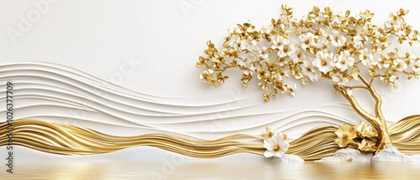 Fototapeta 3D Wallpaper with White-Gold Background Gold Tree and Flower on Right White Silk Fabric on Left,and Water Reflection