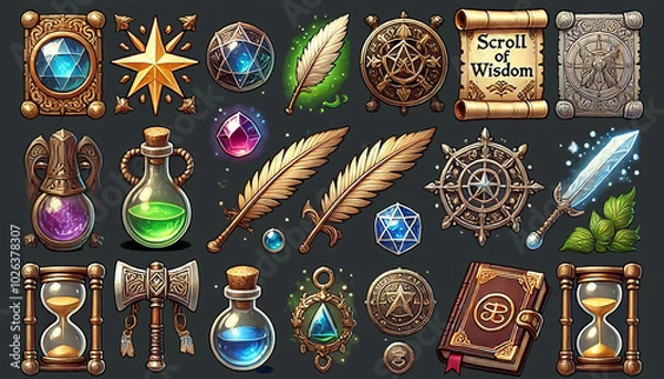Fototapeta Wizard fs Essentials Scrolls Gems and Potions Icon Set