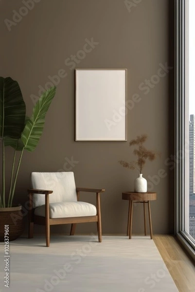 Obraz Cozy interior with modern armchair, potted plant, and large window view