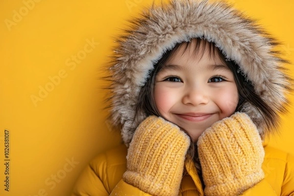 Fototapeta Young girl wearing a yellow coat and gloves is smiling. Concept of warmth and happiness, Indigenous child in a warm hoodie and mittens on an isolated light yellow background with copy space