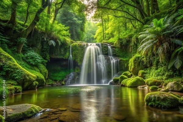 Fototapeta Tiny waterfall in forest with green environment