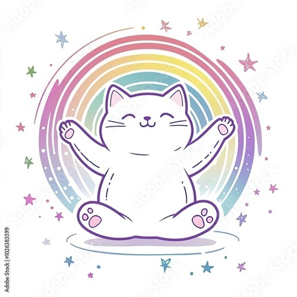 Obraz A serene cat sits in a peaceful yoga pose, surrounded by a vibrant, starry background. The scene radiates calmness and contentment.