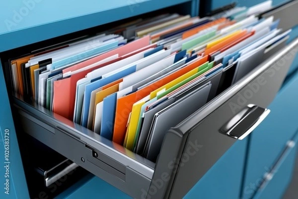 Obraz Colorful Document Filing, open drawer with organized folders, vibrant blue cabinet, efficient office storage solution