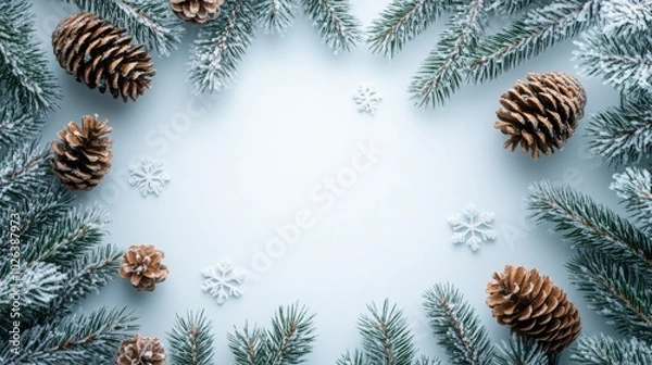 Fototapeta Pine Cones and Evergreen Branches with Snow on a Blue Background